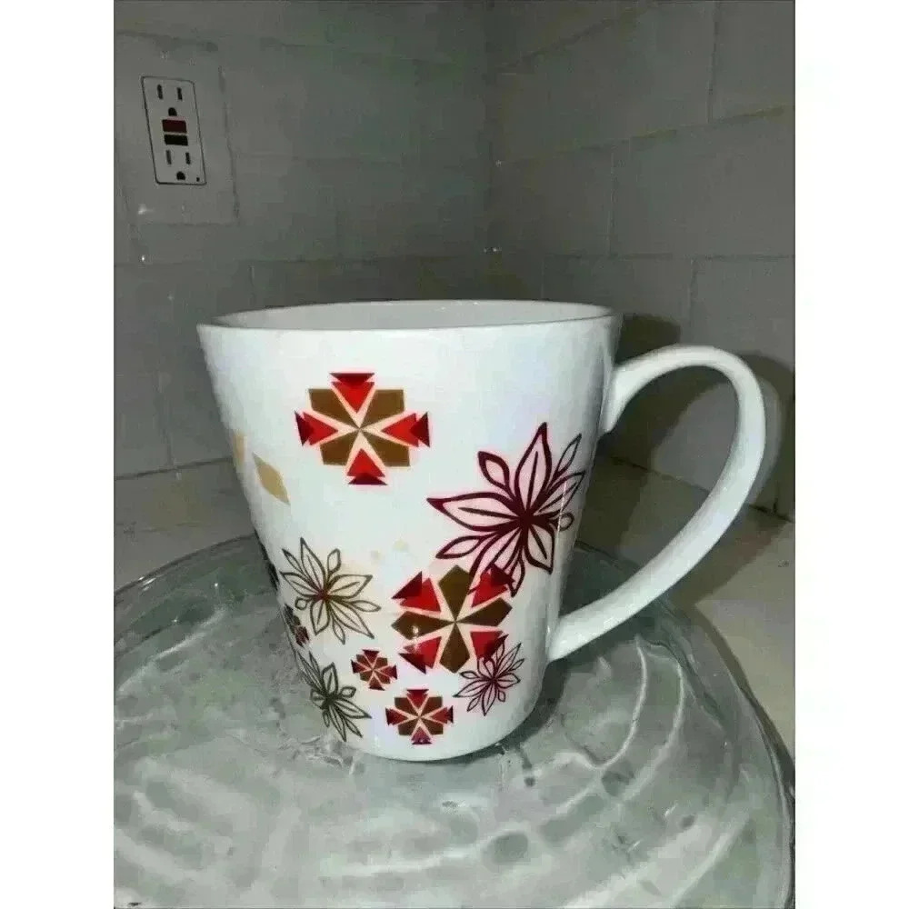 Starbucks Coffee Mug 2013 Holiday Poinsettia + Snowflakes Abstract 11oz cup 4"